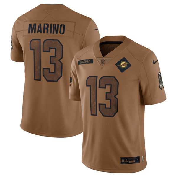 Mens Miami Dolphins #13 Dan Marino 2023 Brown Salute To Service Limited Football Stitched Jersey Dyin